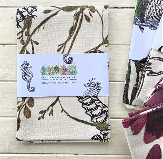 Seahorse Tea Towel by The Driftweed Artist — detail of the egg wrack seaweed pressing