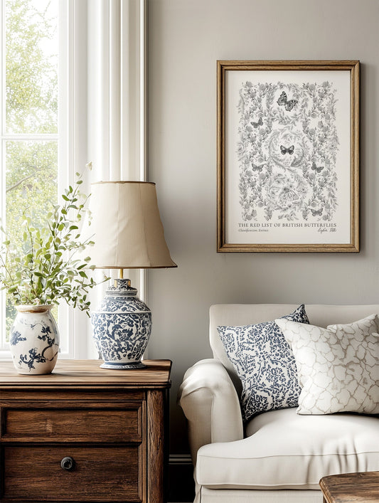 Extinct British Butterflies print framed and hung on a wall