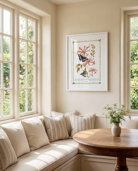 White Admiral and honeysuckle print framed and hung on a wall