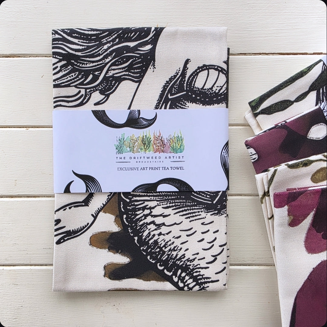 Mermaid Tea Towel by The Driftweed Artist — detail of the spiral wrack seaweed pressing