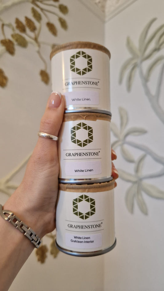 Three tins of Graphenstone GrafClean Interior in White Linen, at Kingsgate Castle